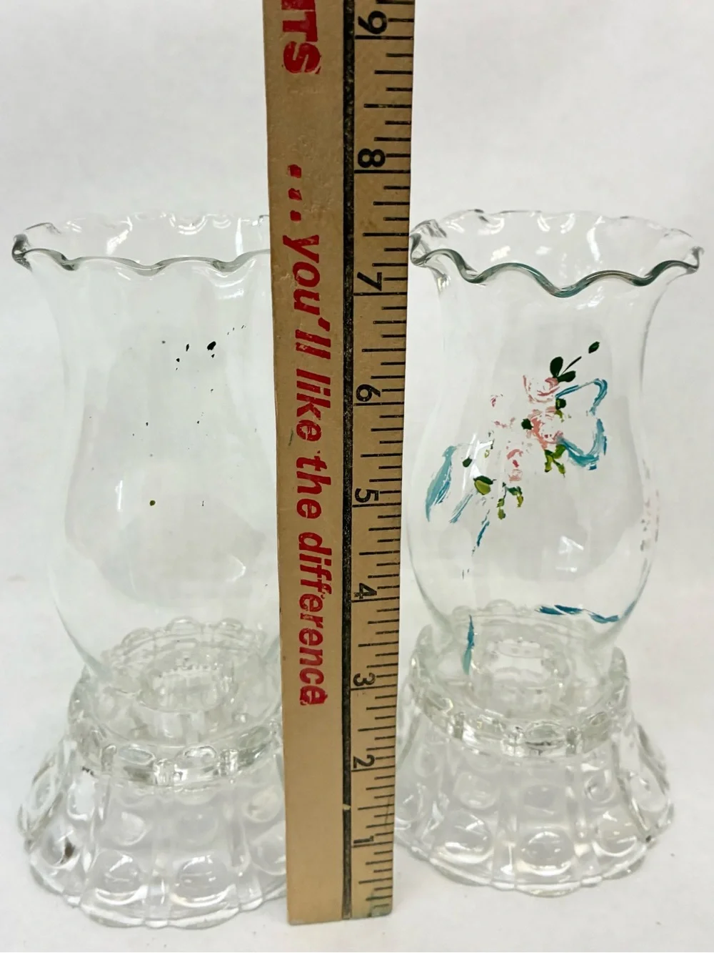 Vintage Indiana Glass Painted Hurricane Shades w/ Candle Holder Bases Lot of 2